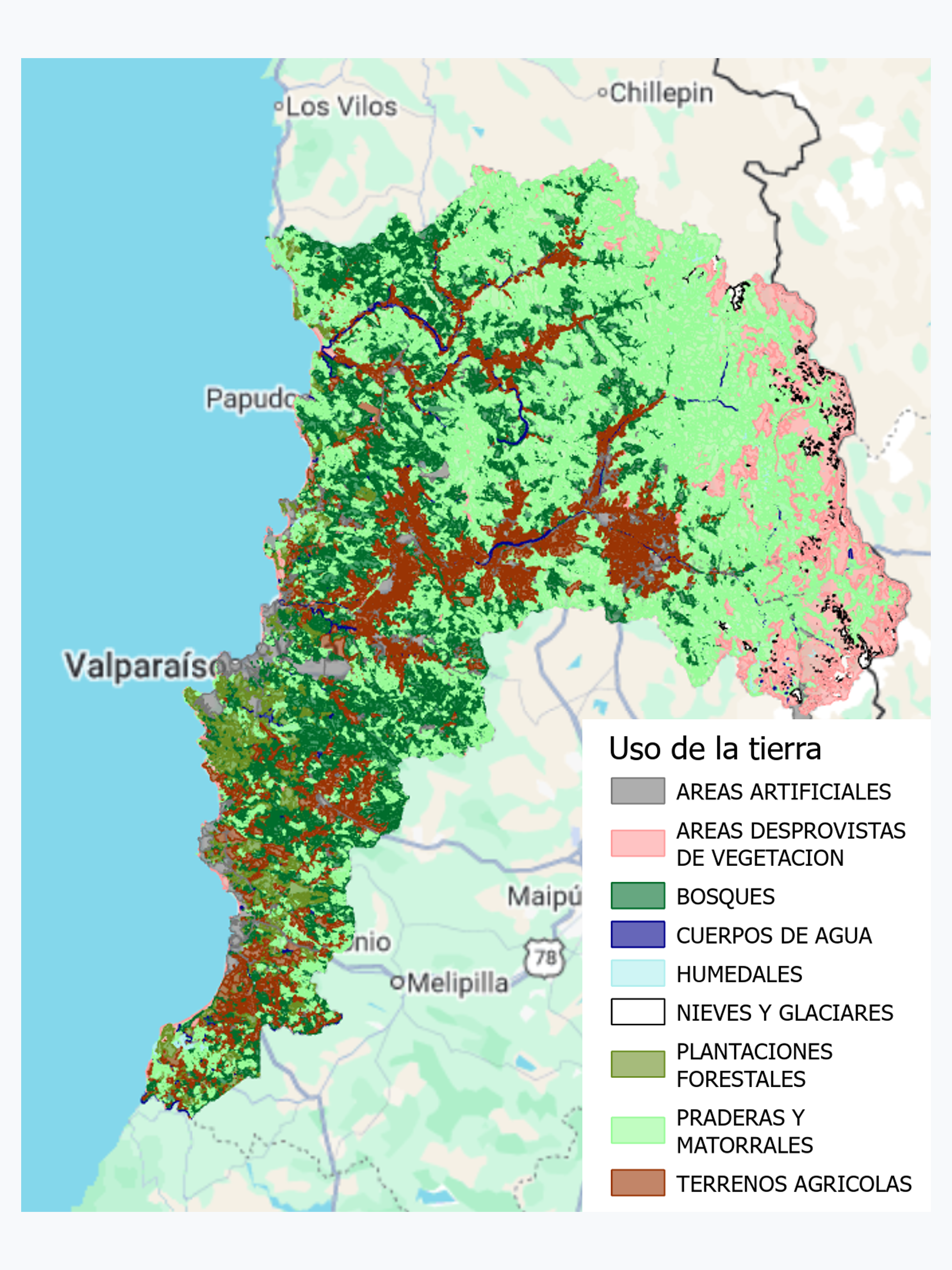 Cobertura y Uso de la Tierra Región de Valparaíso, año 2020, escala 1:50,000